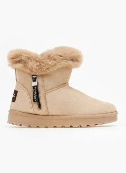 Προώθηση ⭐ The Fashion Project Μποτάκια με γούνα και φερμουάρ - Κάμελ 🔔