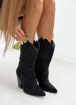 Το φθηνότερο 😀 The Fashion Project Μποτάκια Cowboy Suede με ξύλινο τακούνι - Μαύρο 🤩 -Μποτάκια Κατάστημα mpotakia cowboy suede me ksulino takouni 109324 i5f4
