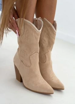 Best Pirce 😍 The Fashion Project Μποτάκια Cowboy Suede με ξύλινο τακούνι - Μπεζ 🧨