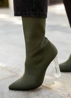 Εξοδος 🔥 The Fashion Project Μποτάκια κάλτσα με διάφανο τακούνι - Χακί 👍