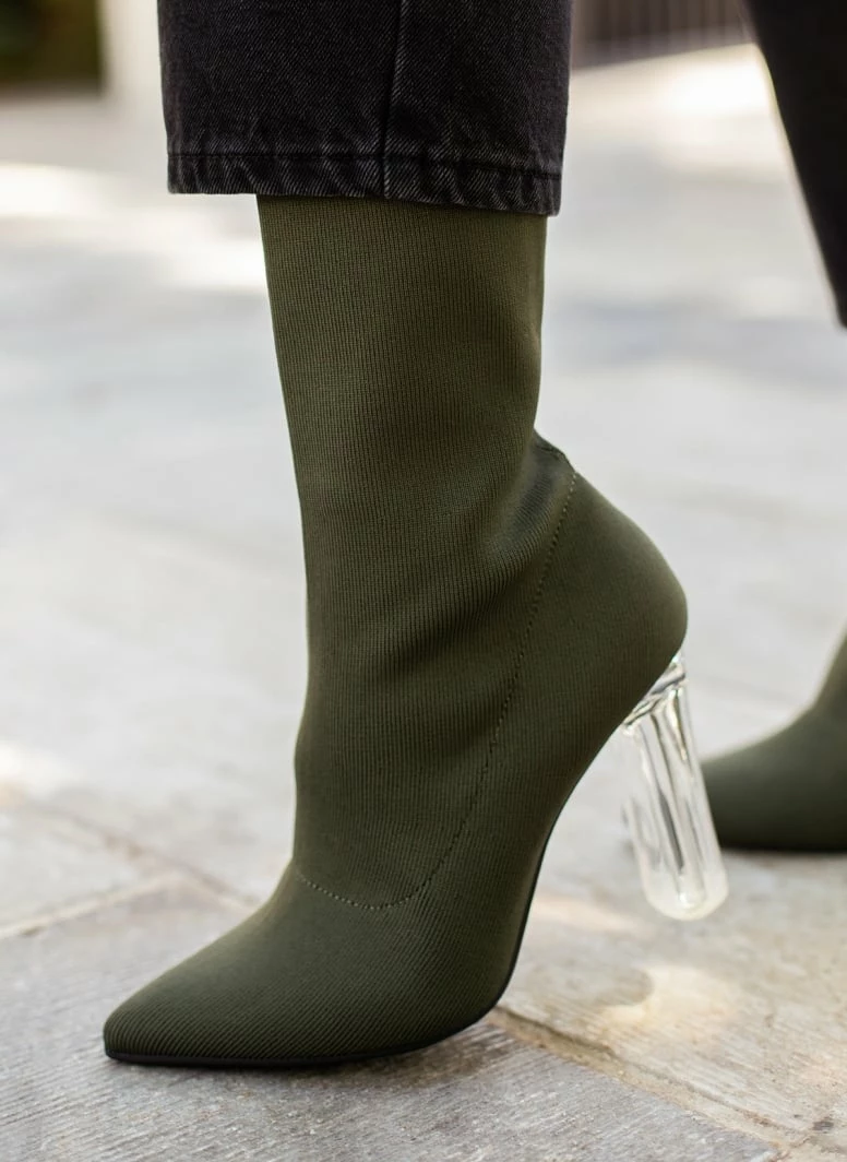 Εξοδος 🔥 The Fashion Project Μποτάκια κάλτσα με διάφανο τακούνι - Χακί 👍 3 Εξοδος 🔥 The Fashion Project Μποτάκια κάλτσα με διάφανο τακούνι - Χακί 👍