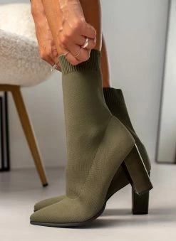 Ολοκαίνουργιο 😀 The Fashion Project Μποτάκια κάλτσα με ψηλό τακούνι - Λαδί ⌛ -Μποτάκια Κατάστημα mpotakia kaltsa me psilo takouni 107111 mojr